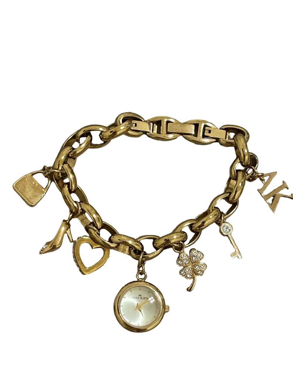 Vintage Anne Klein Y2K Gold Charm Bracelet Watch - Crystal Accents 10/7604CHRM